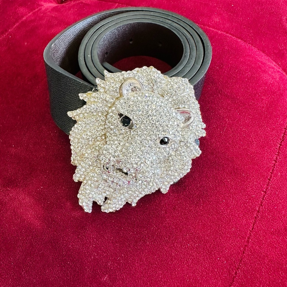 Black Belt with crystal Lion Head Buckle